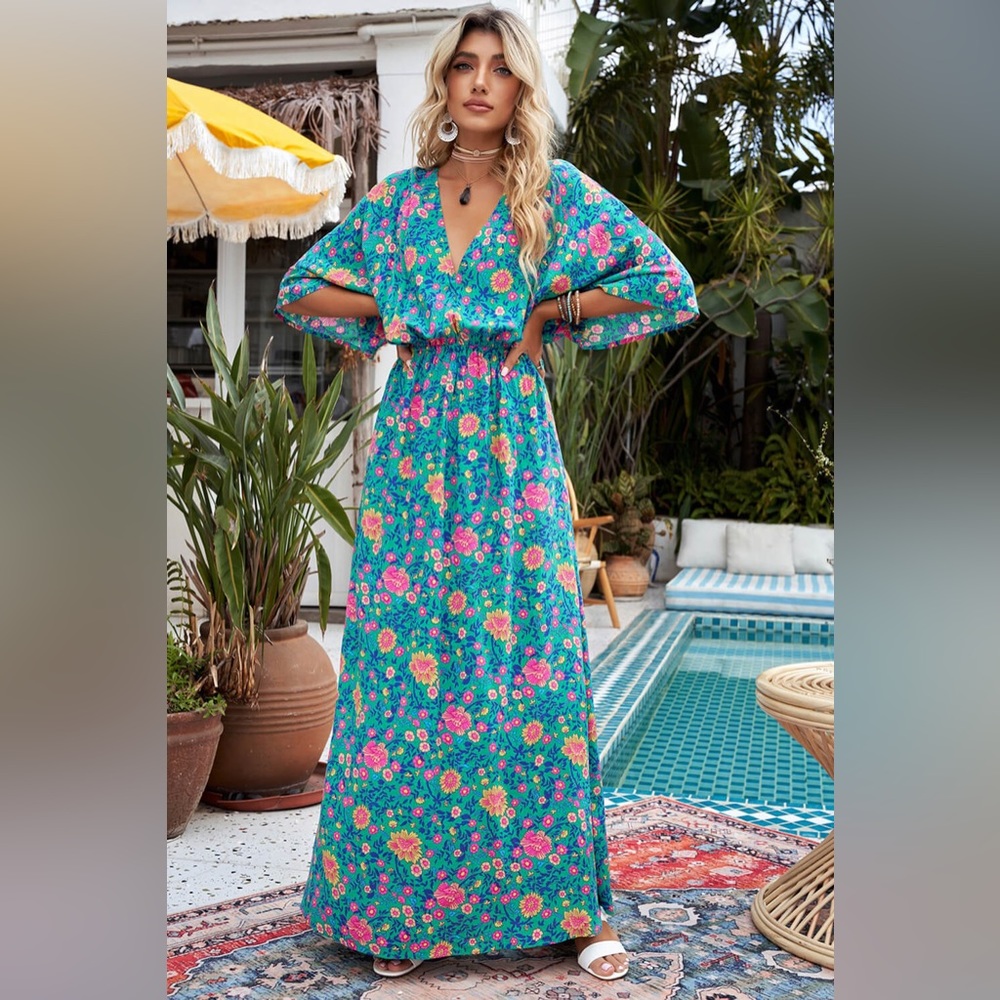 Floral Three-Quarter Sleeve V-Neck Dress Teal